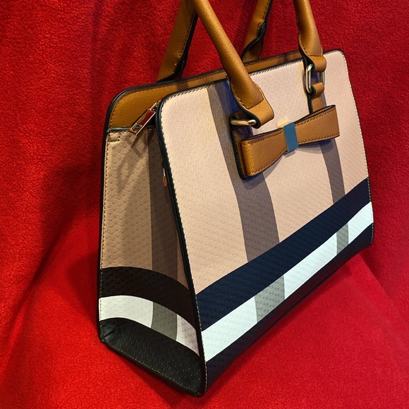 NWOT Designer Inspired Brown Black & White Check Satchel with Removable Strap - Picture 5 of 12